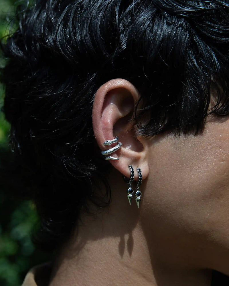 Awe Inspired Men's Sterling Silver Men's Black Spinel Spike Huggies