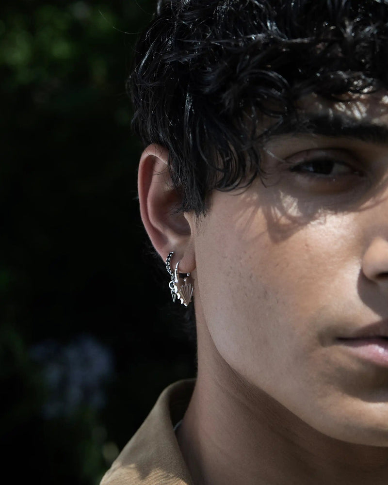 Awe Inspired Men's Sterling Silver Men's Black Spinel Spike Huggies