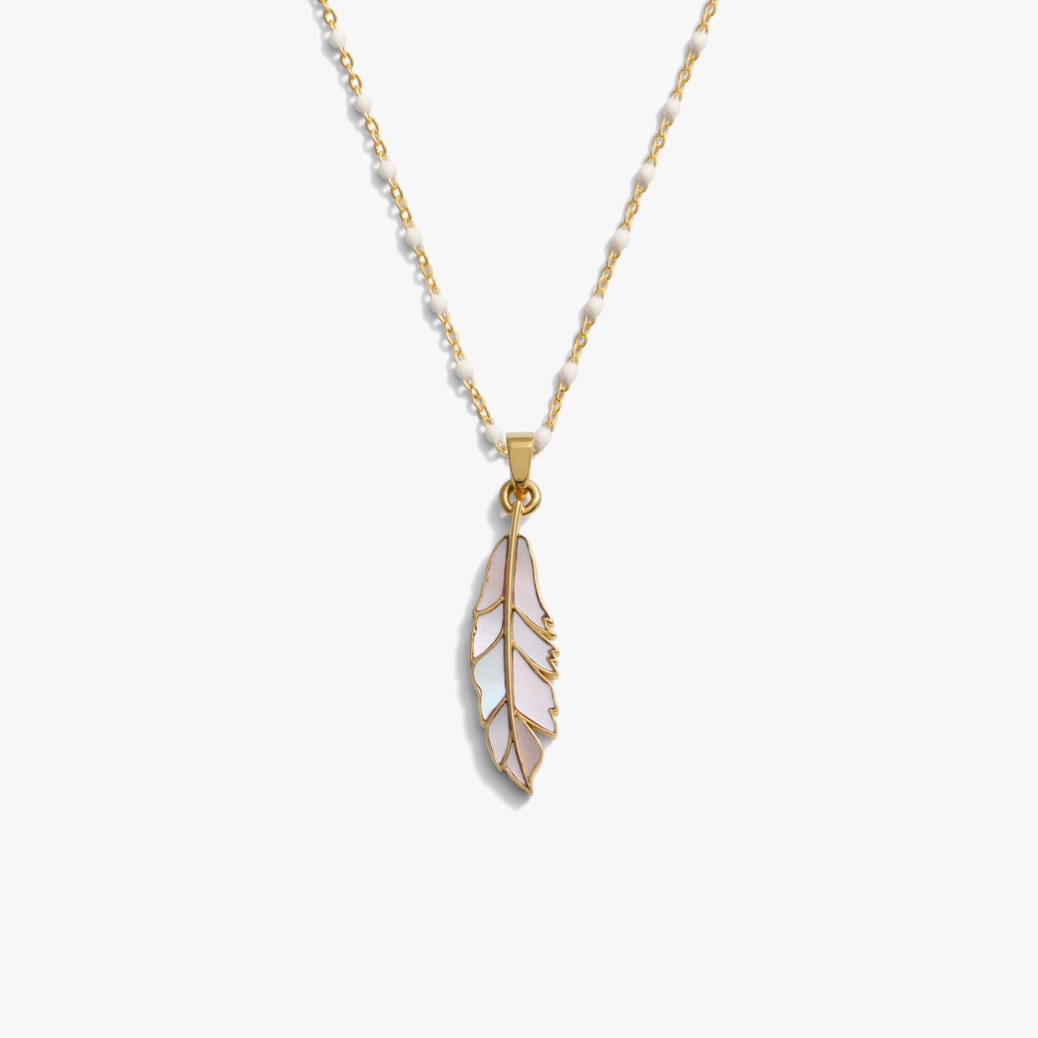 Awe Inspired Necklaces 14K Gold Vermeil / 14"-18" White Enamel Chain Mother of Pearl Feather White Enamel Necklace