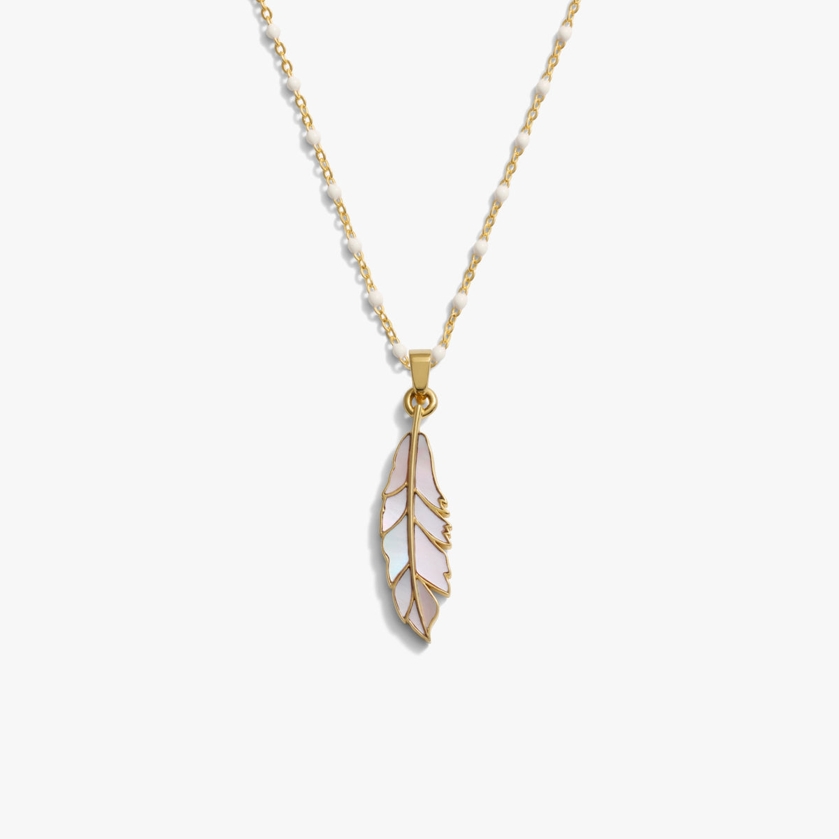Awe Inspired Necklaces 14K Gold Vermeil / 14"-18" White Enamel Chain Mother of Pearl Feather White Enamel Necklace