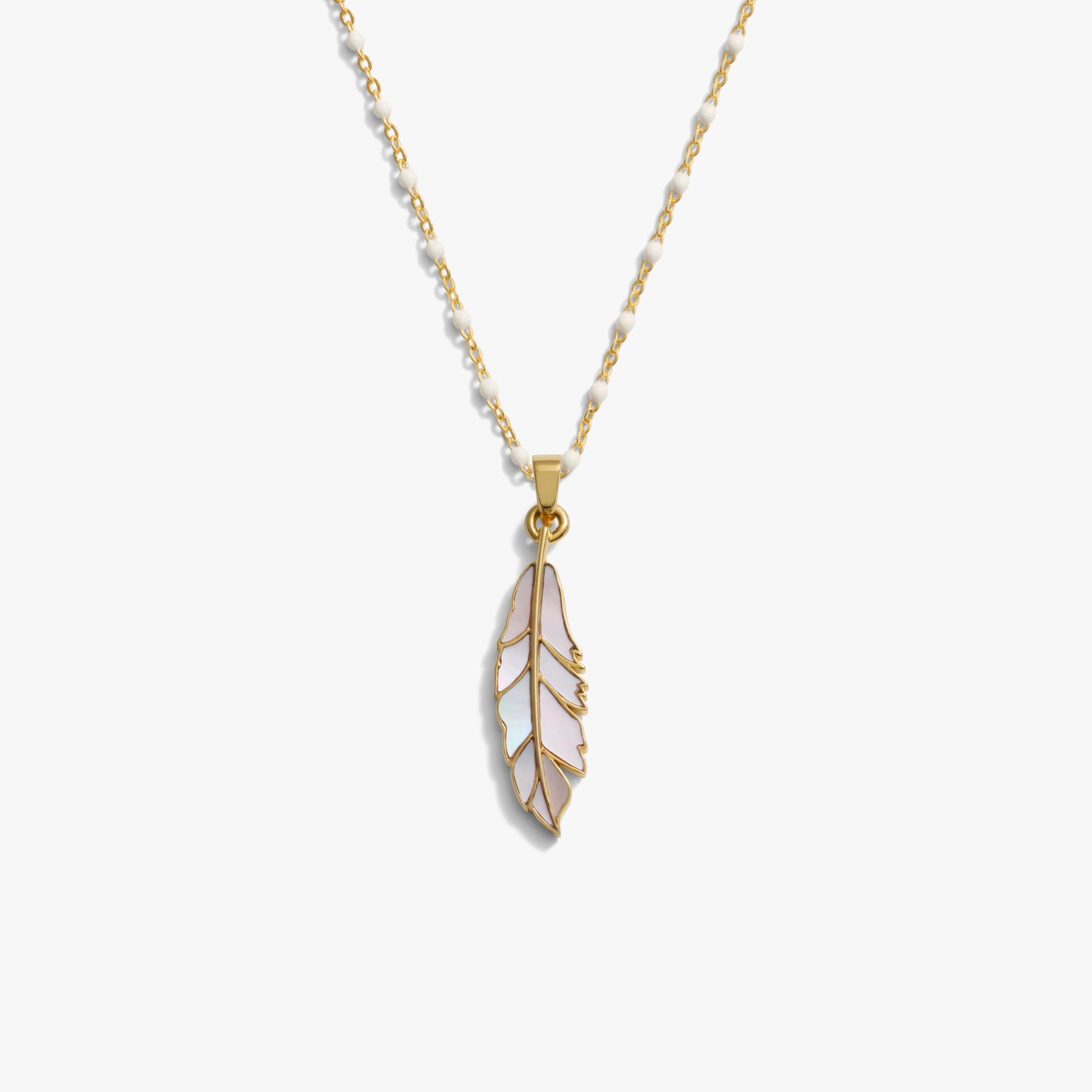 Awe Inspired Necklaces 14K Gold Vermeil / 14"-18" White Enamel Chain Mother of Pearl Feather White Enamel Necklace