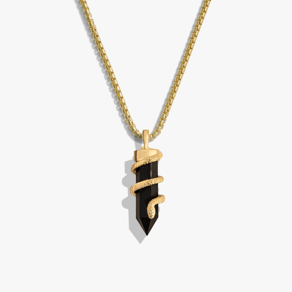 Awe Inspired Necklaces 14K Gold Vermeil / 20" 2.1mm Rounded Box Chain Men's Black Onyx Crystal Snake Necklace