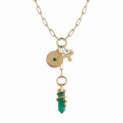 Awe Inspired Necklaces 14K Gold Vermeil Green Goddess Charm Collector Lariat Necklace Set