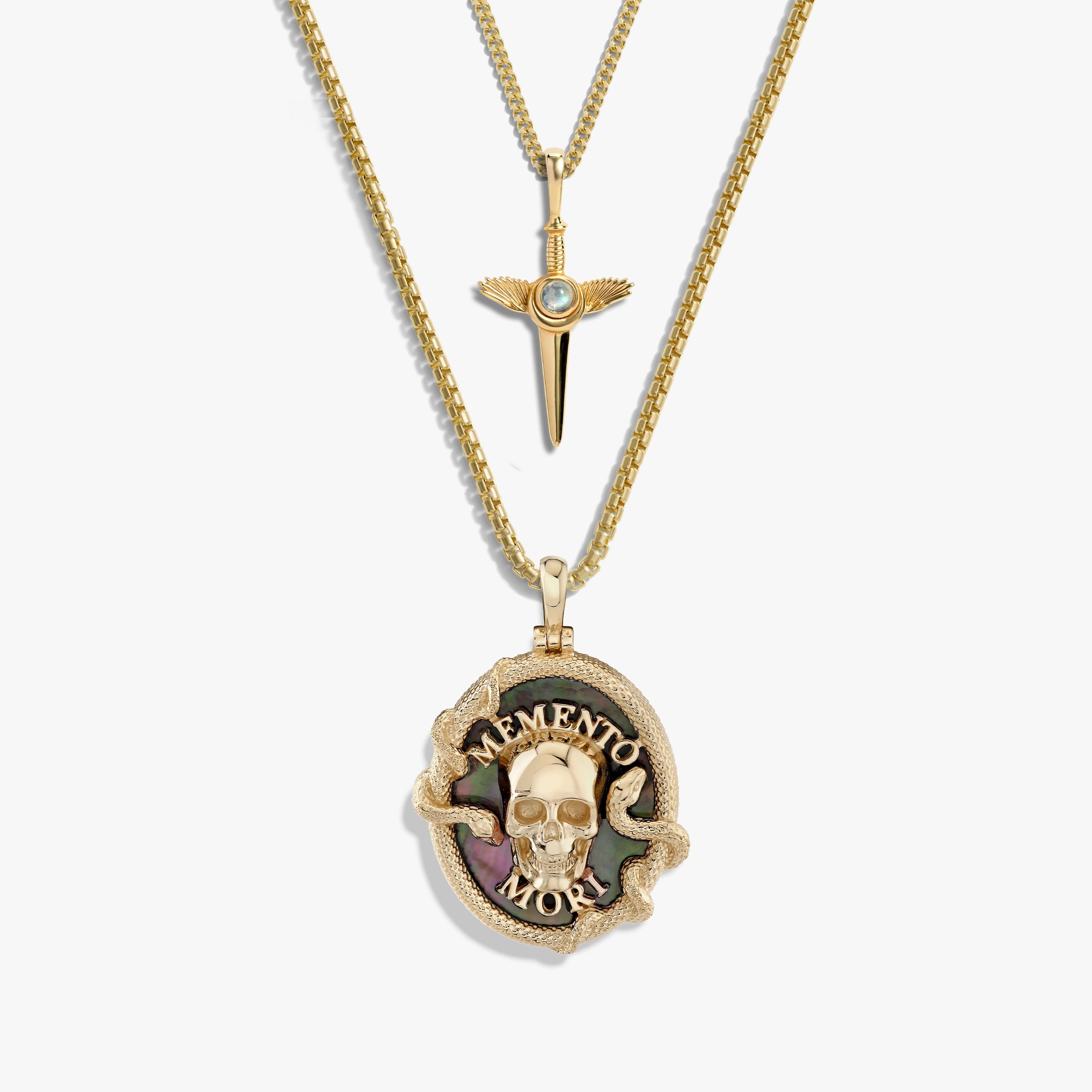 Awe Inspired Necklaces 14K Gold Vermeil Men's Memento Mori Necklace Set