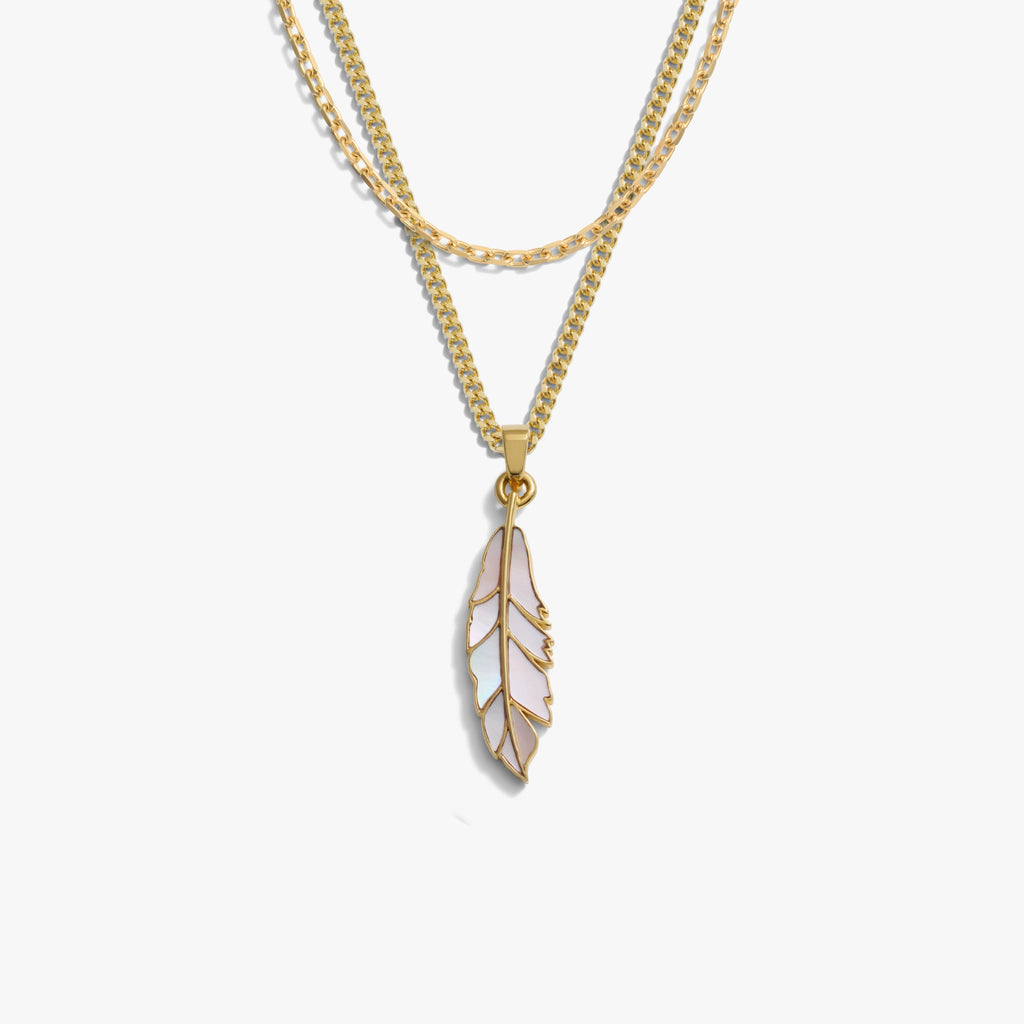 Awe Inspired Necklaces 14K Gold Vermeil Men's Mother of Pearl Feather Necklace Set