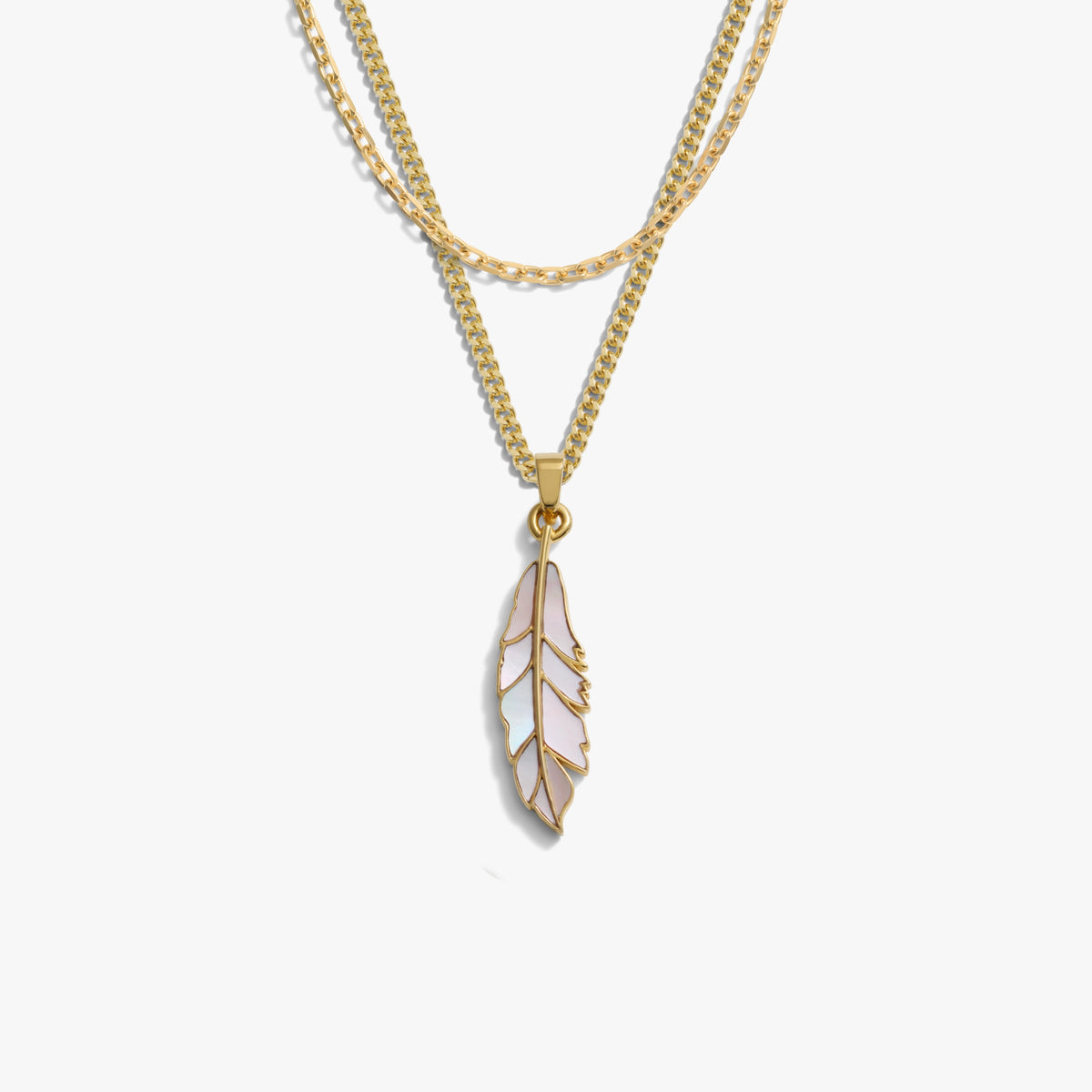 Awe Inspired Necklaces 14K Gold Vermeil Men's Mother of Pearl Feather Necklace Set