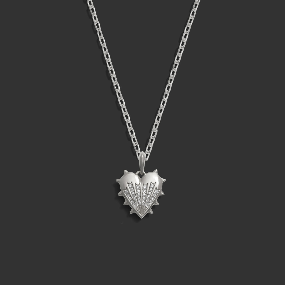 Awe Inspired Necklaces 14K White Gold / 18" Rolo Chain Diamond Spiked Heart Necklace