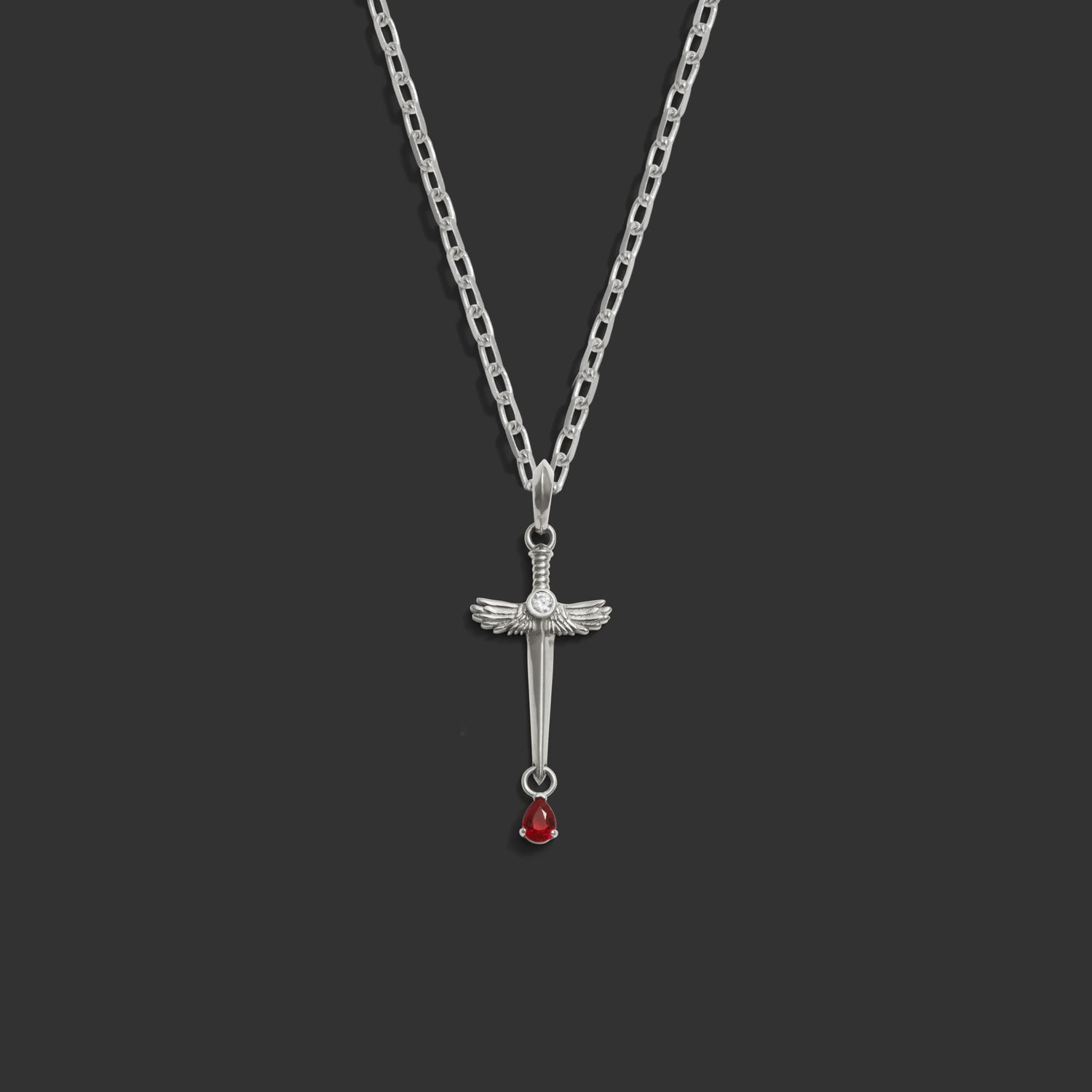 Awe Inspired Necklaces 14K White Gold / 18" Rolo Chain Ruby Sword Necklace