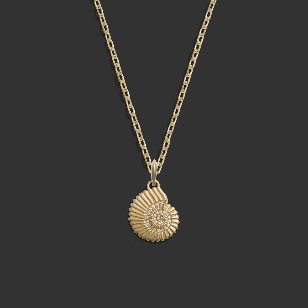 Awe Inspired Necklaces 14K Yellow Gold / 18" Rolo Chain Diamond Spiral Shell Necklace