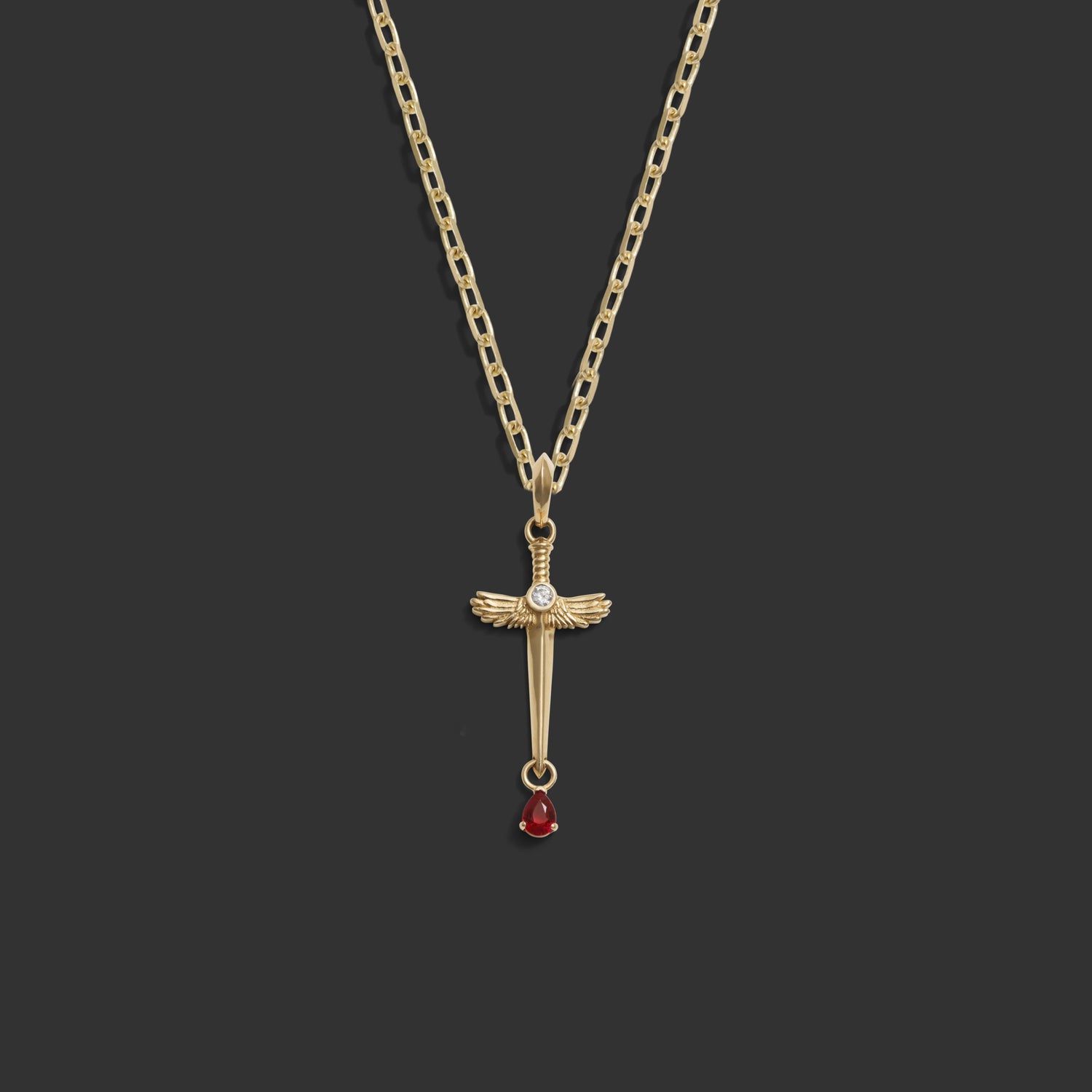 Awe Inspired Necklaces 14K Yellow Gold / 18" Rolo Chain Ruby Sword Necklace