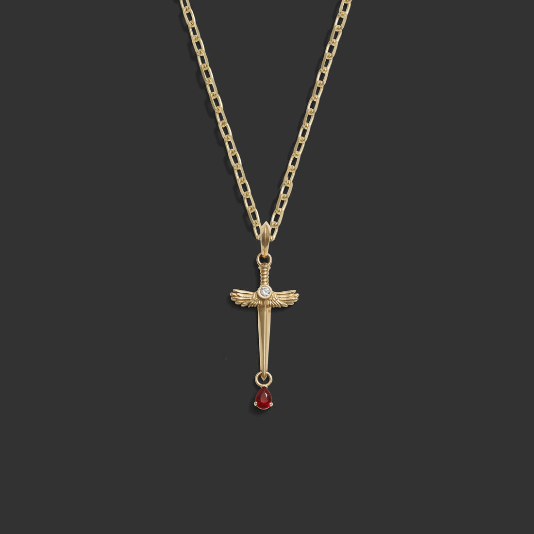 Awe Inspired Necklaces 14K Yellow Gold / 18" Rolo Chain Ruby Sword Necklace