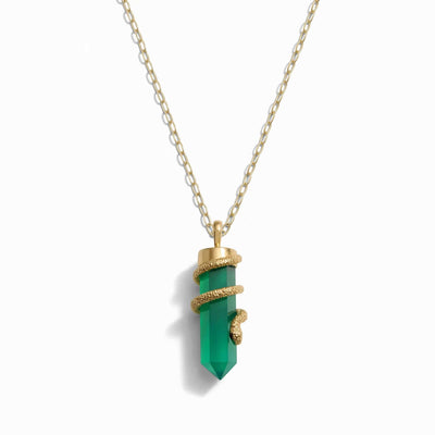 Awe Inspired Necklaces 14K Yellow Gold Vermeil / 16"-18" Mini Paperclip Chain Green Onyx Crystal Snake Necklace