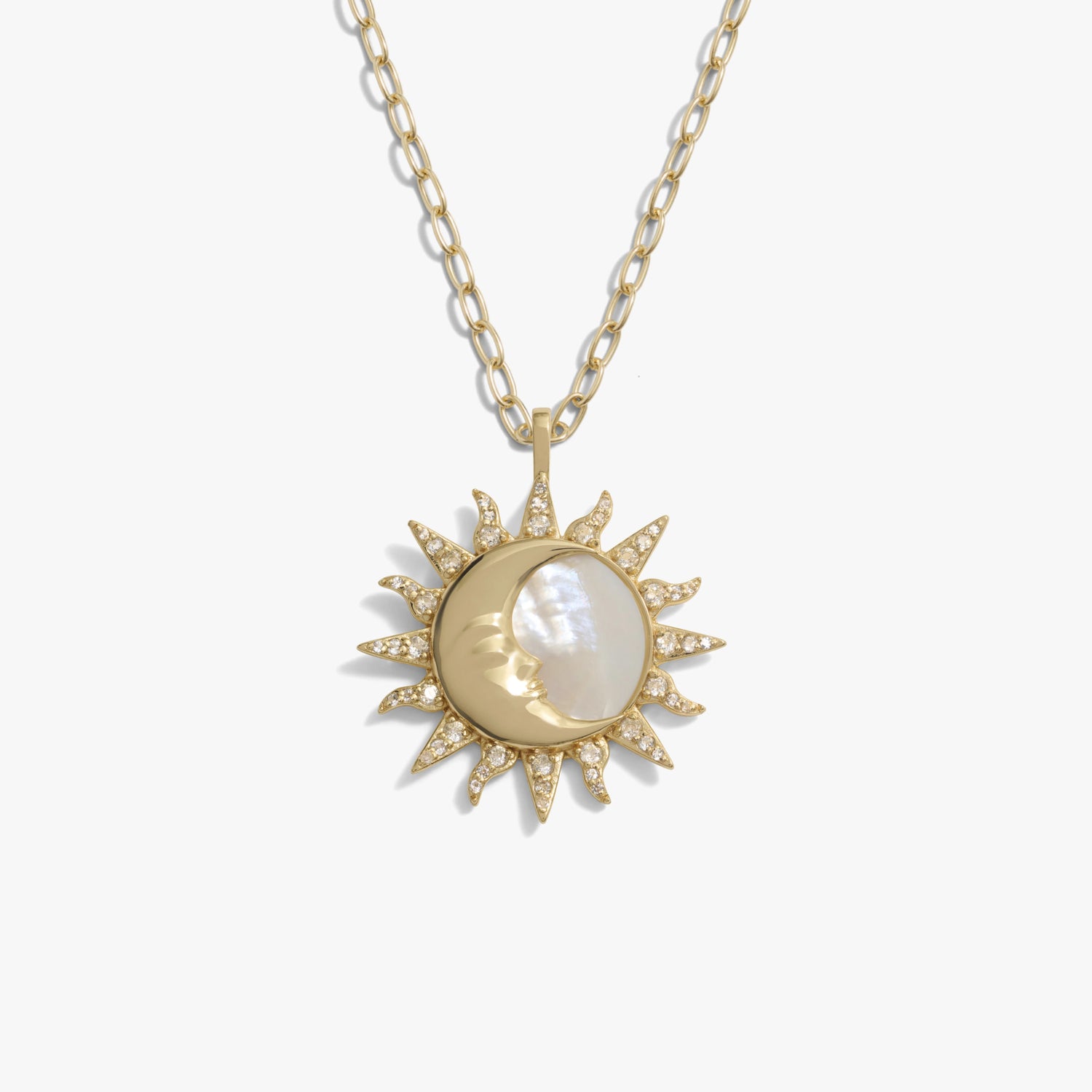 Awe Inspired Necklaces 14K Yellow Gold Vermeil / 16"-18" Mini Paperclip Chain Sun & Moon Mother of Pearl Necklace