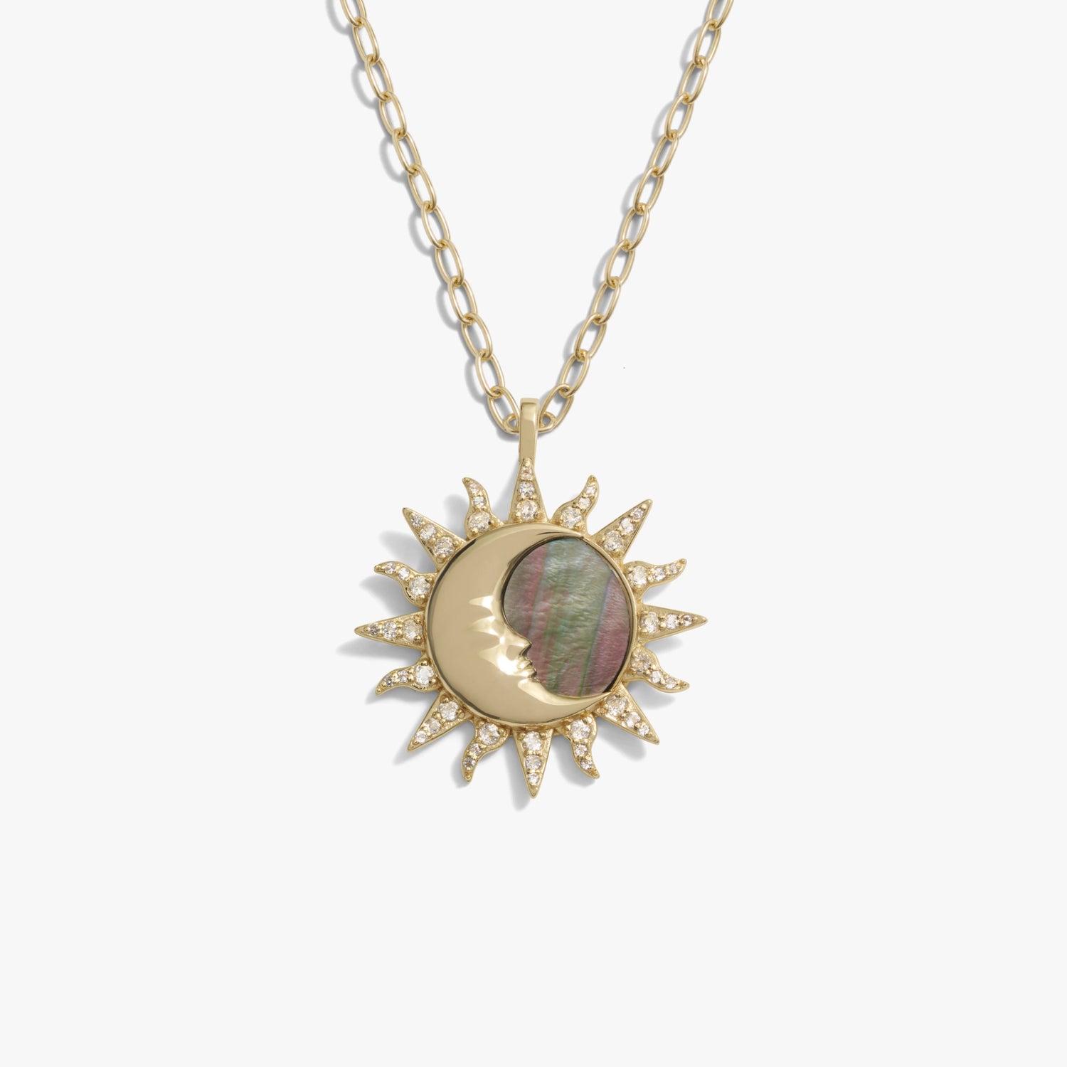 Awe Inspired Necklaces 14K Yellow Gold Vermeil / 16"-18" Mini Paperclip Sun & Moon Black Mother of Pearl Necklace