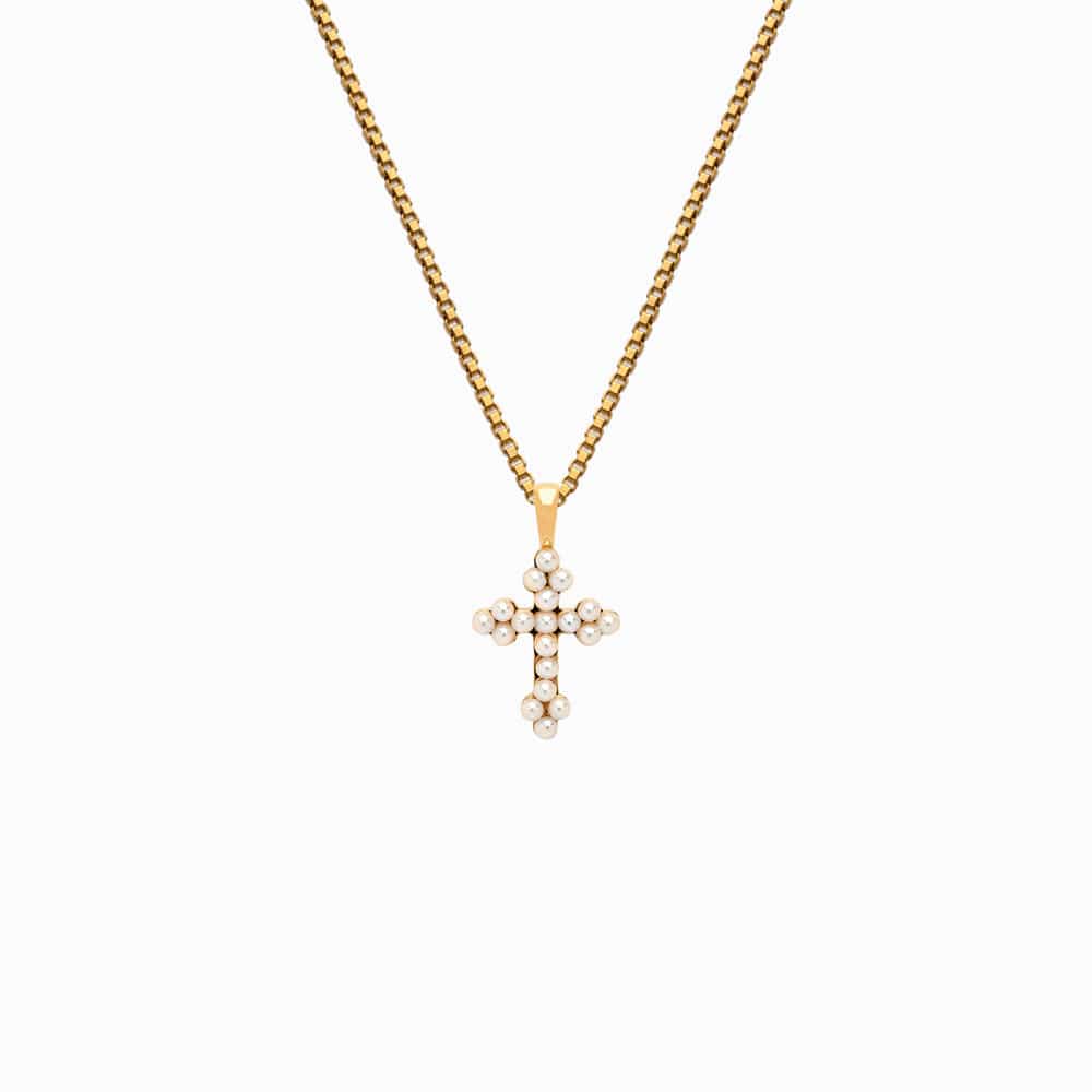 Awe Inspired Necklaces 14K Yellow Gold Vermeil / 16"-18" Pearl Cross Necklace