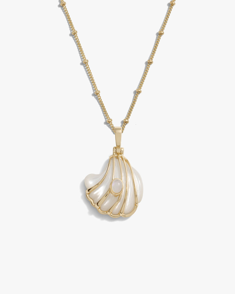 Awe Inspired Necklaces 14K Yellow Gold Vermeil / 16"-18" Saturn Chain Opal Mother of Pearl Carved Shell Necklace