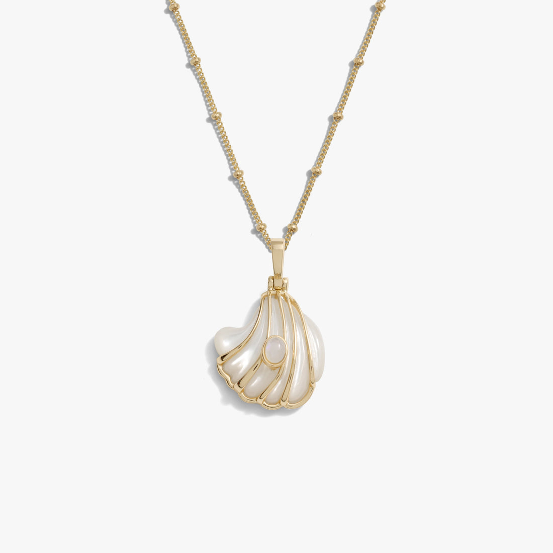Awe Inspired Necklaces 14K Yellow Gold Vermeil / 16"-18" Saturn Chain Opal Mother of Pearl Carved Shell Necklace