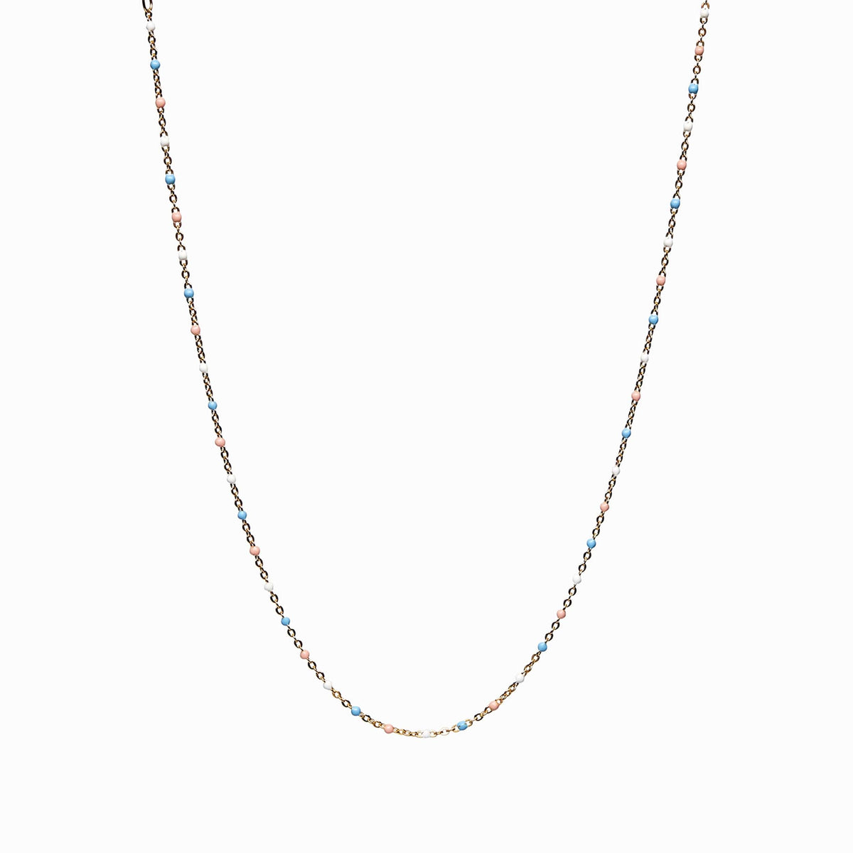 A delicate Trans Pride Beaded Enamel Necklace by Awe Inspired with small blue beads evenly spaced along the length of the chain.
