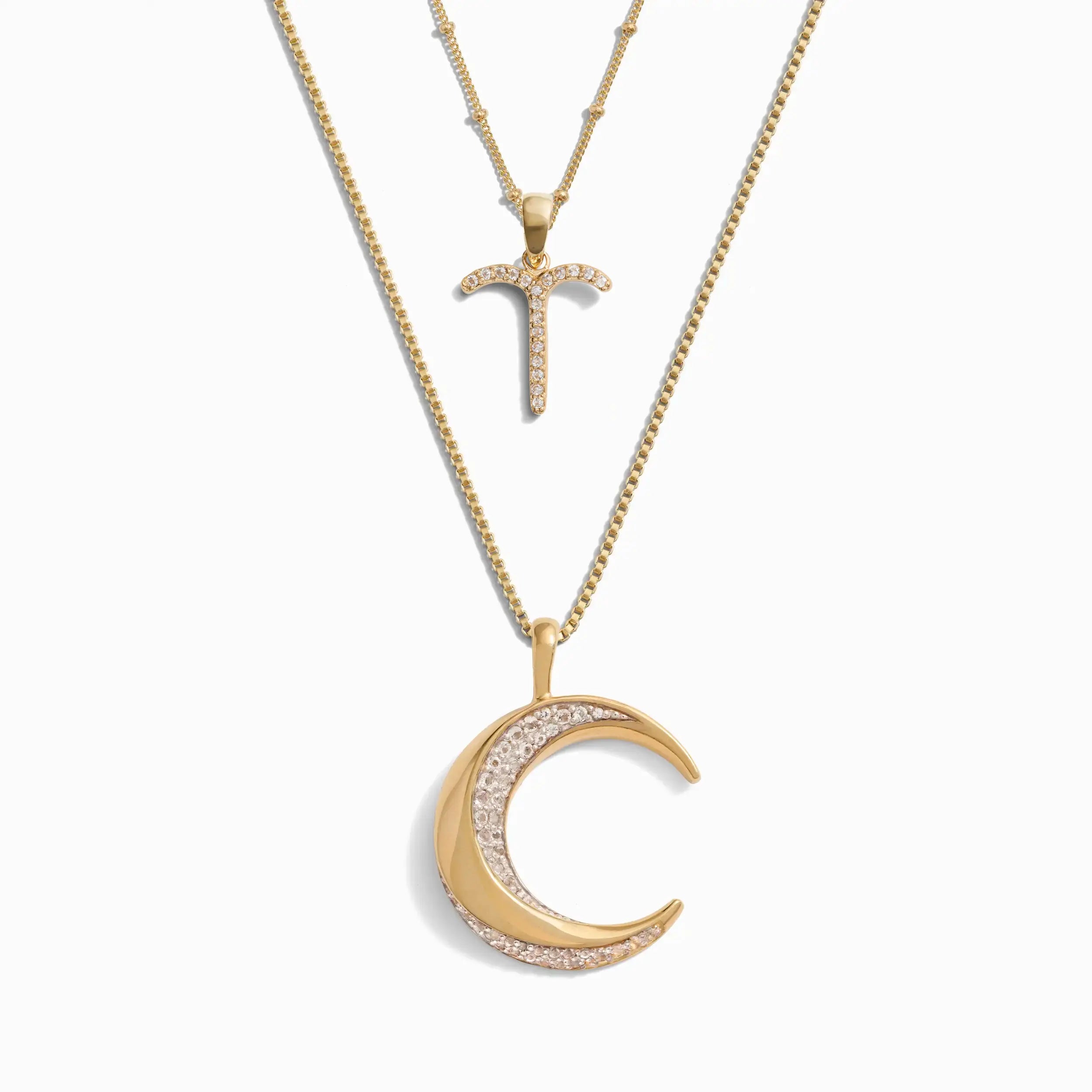 Awe Inspired Necklaces 14K Yellow Gold Vermeil / Aries Twisted Moon and Gemstone Zodiac Set