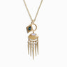 The Peaceful Aura Charm Necklace by Awe Inspired features a delicate gold chain adorned with a blue gem in a square setting, a semi-circular charm with spiked fringe, and small pearl-like accents. This exquisite piece is designed to balance aura and purify energy.