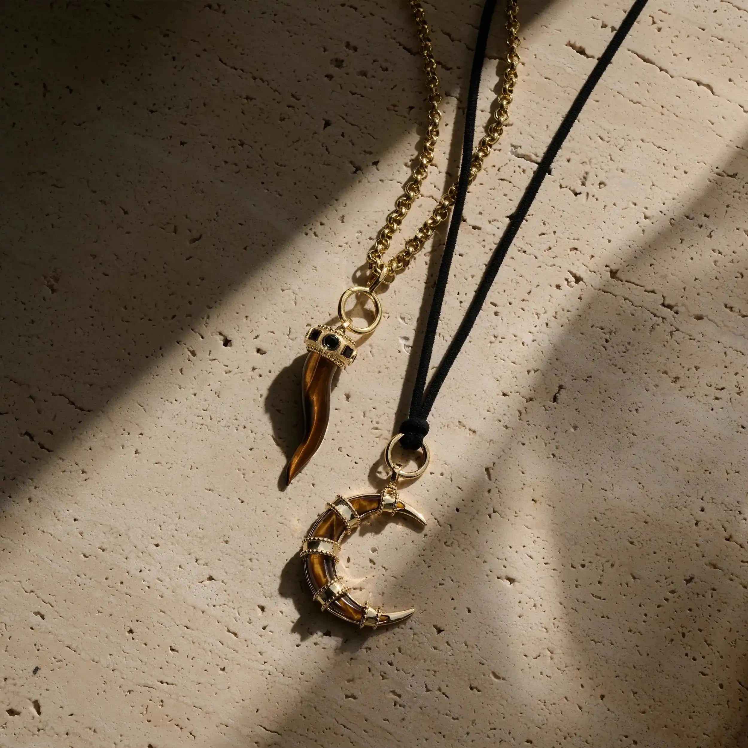 Awe Inspired Necklaces 14K Yellow Gold Vermeil Long Tiger's Eye Horn Charm Necklace
