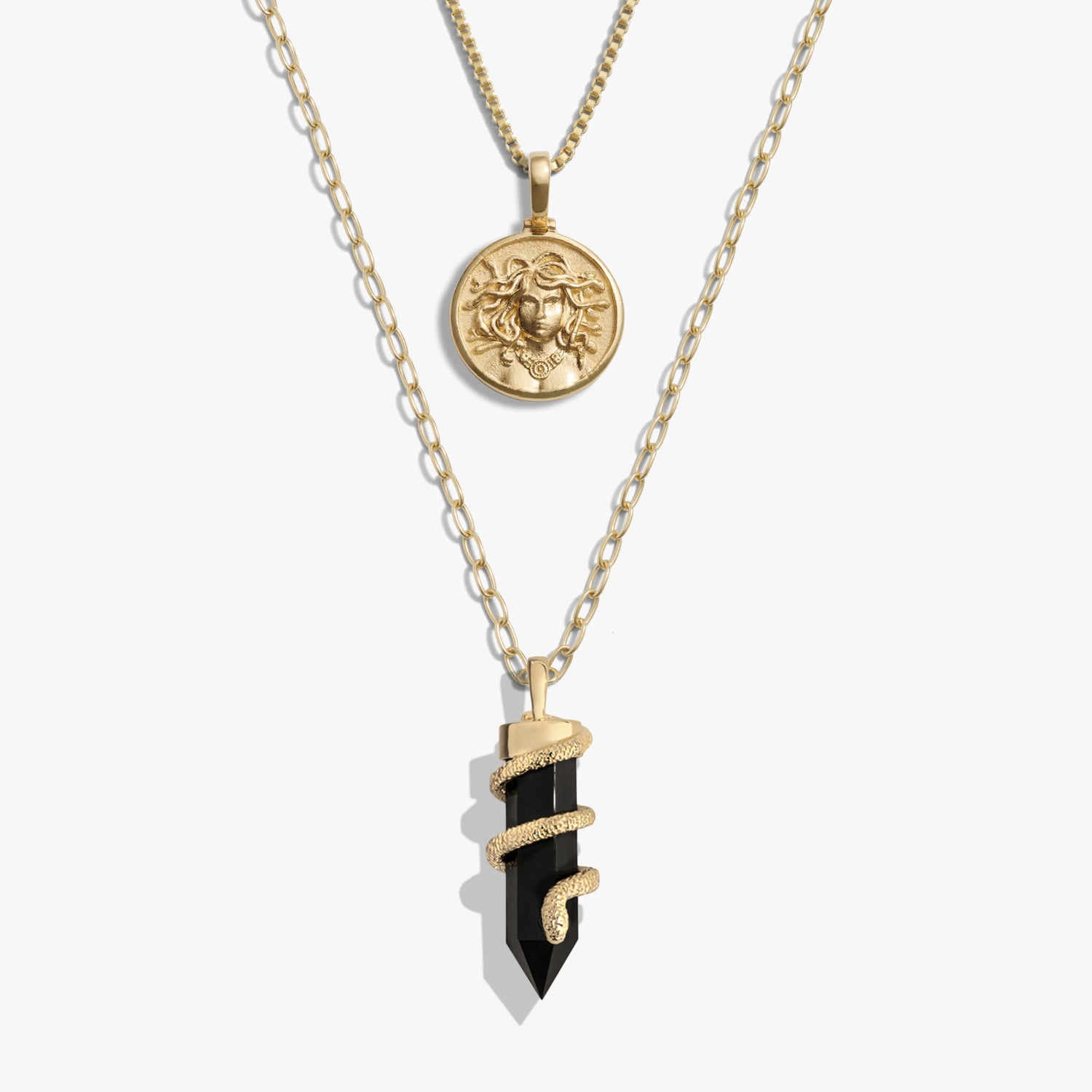 Awe Inspired Necklaces 14K Yellow Gold Vermeil Medusa and Onyx Crystal Snake Necklace Set