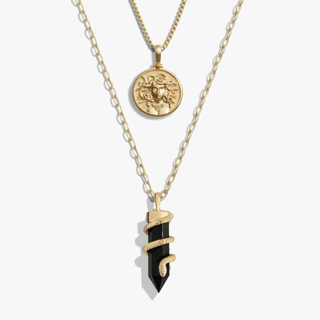 Awe Inspired Necklaces 14K Yellow Gold Vermeil Medusa and Onyx Crystal Snake Necklace Set