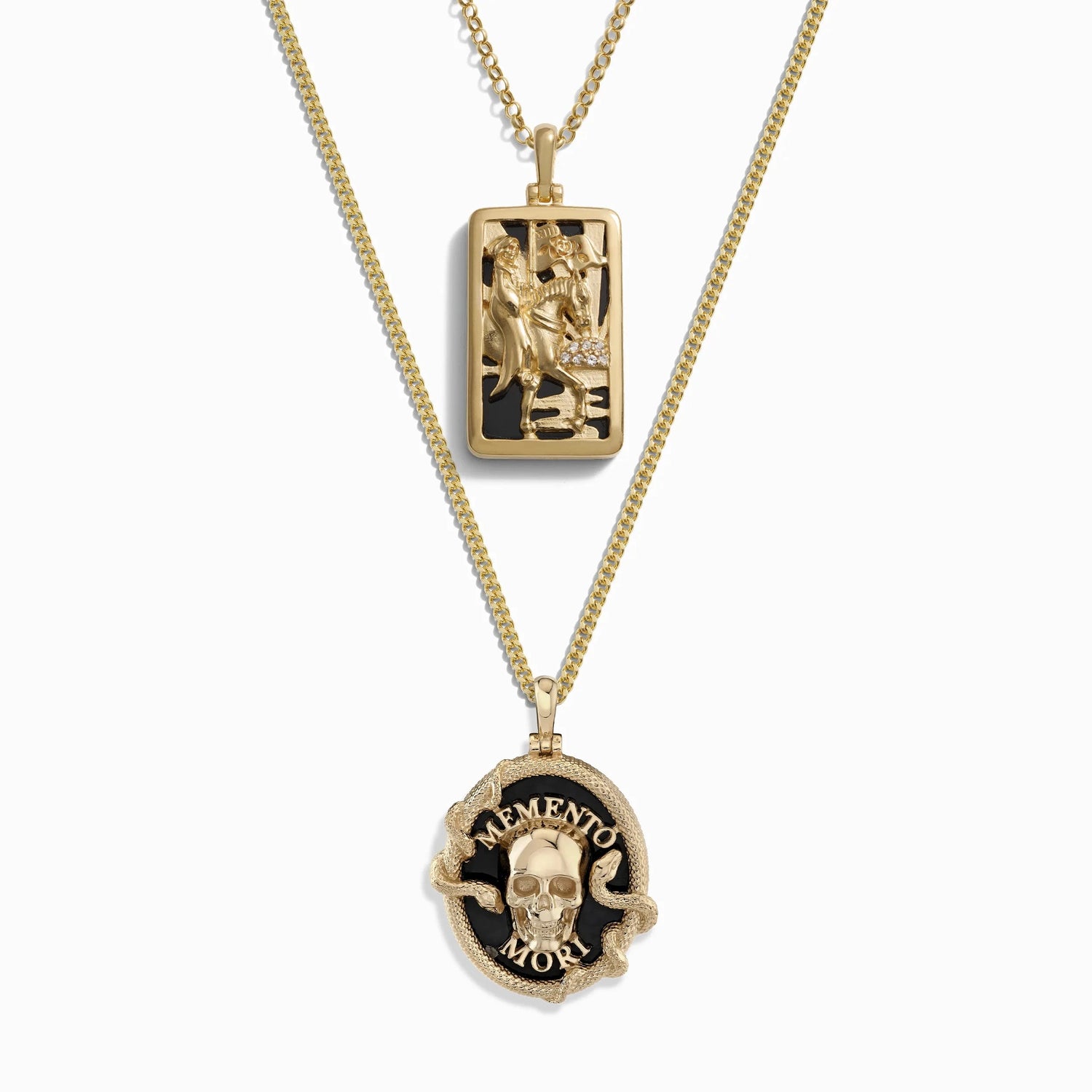 Awe Inspired Necklaces 14K Yellow Gold Vermeil Memento Mori and Death Tarot Necklace Set