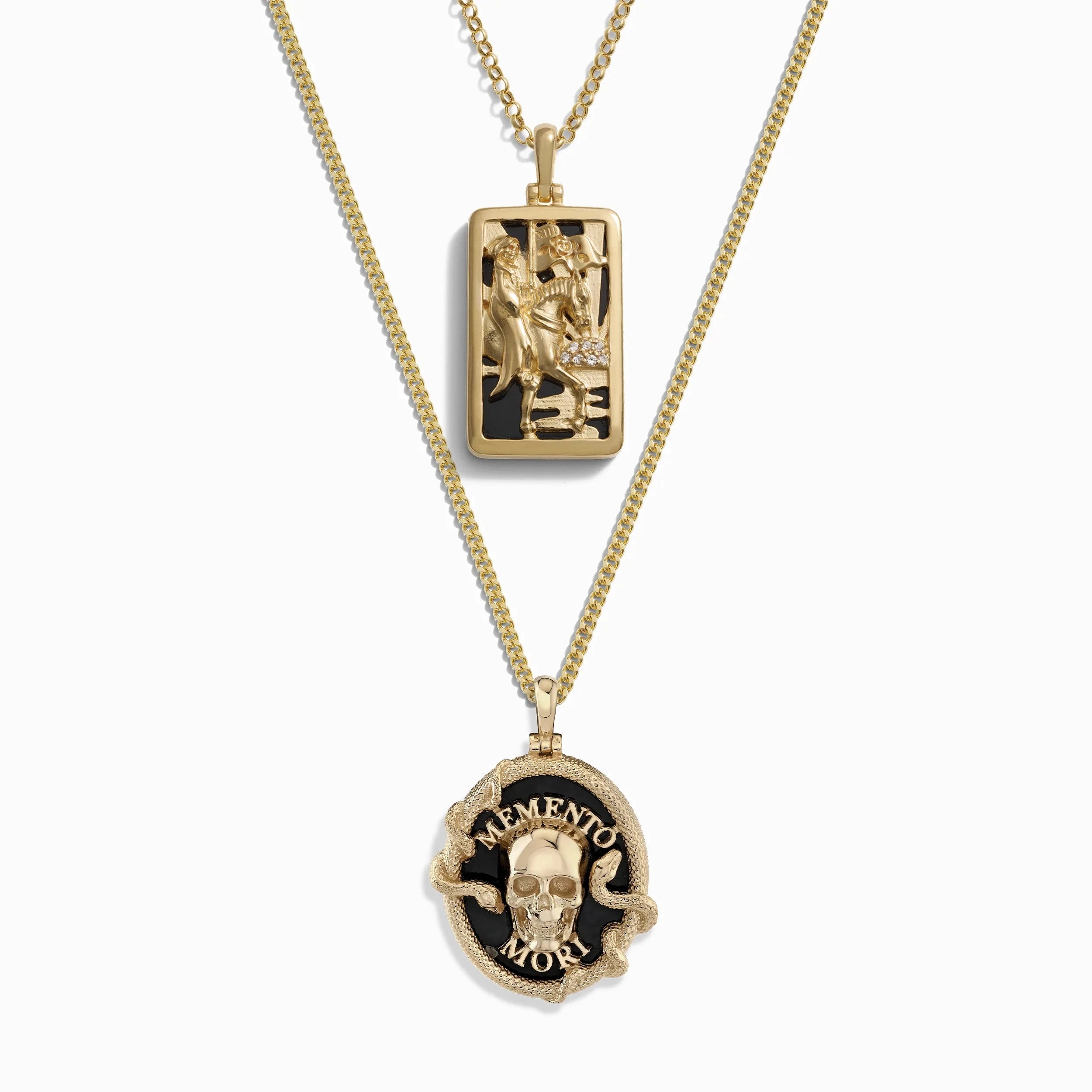 Awe Inspired Necklaces 14K Yellow Gold Vermeil Memento Mori and Death Tarot Necklace Set