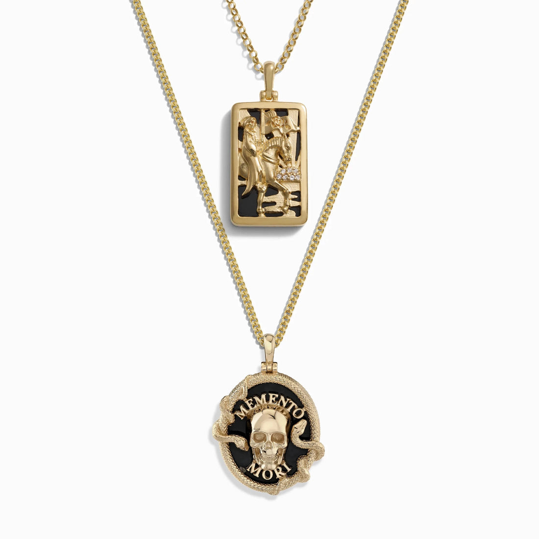 Awe Inspired Necklaces 14K Yellow Gold Vermeil Memento Mori and Death Tarot Necklace Set