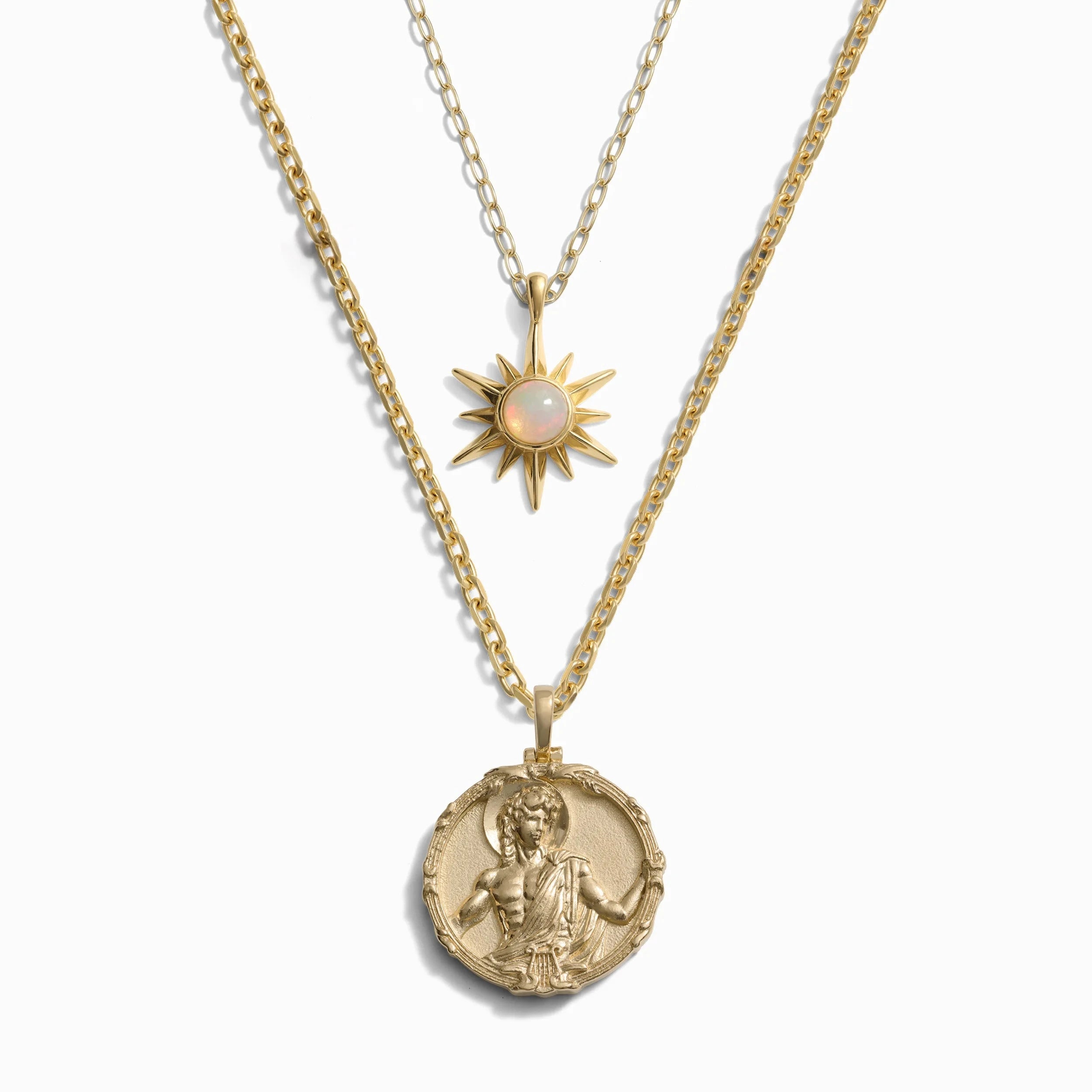 Awe Inspired Necklaces 14K Yellow Gold Vermeil Men's Apollo and Opal Sun Necklace Set