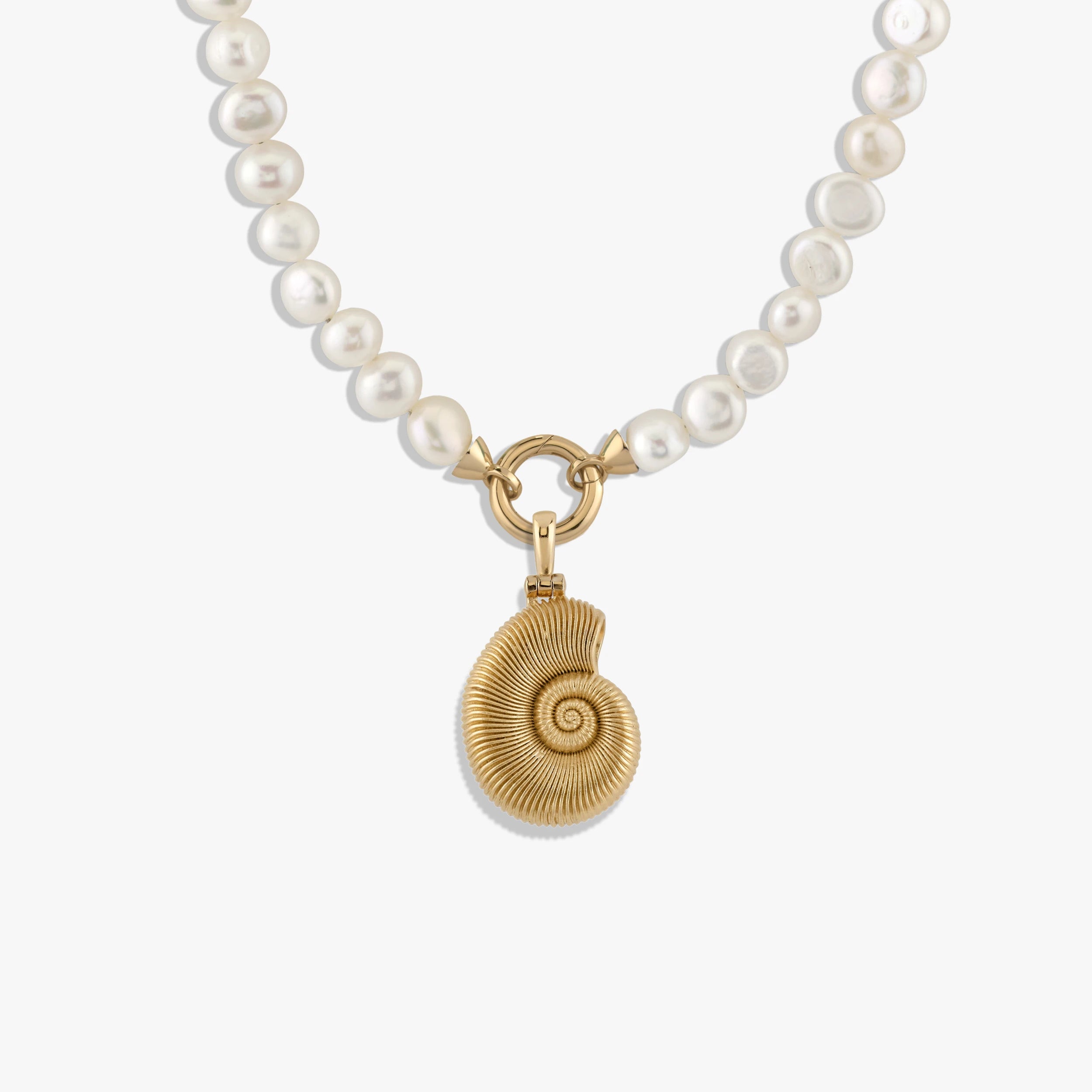 Awe Inspired Necklaces 14K Yellow Gold Vermeil Men's Deep Sea Ammonite Shell on Pearl Collector Necklace