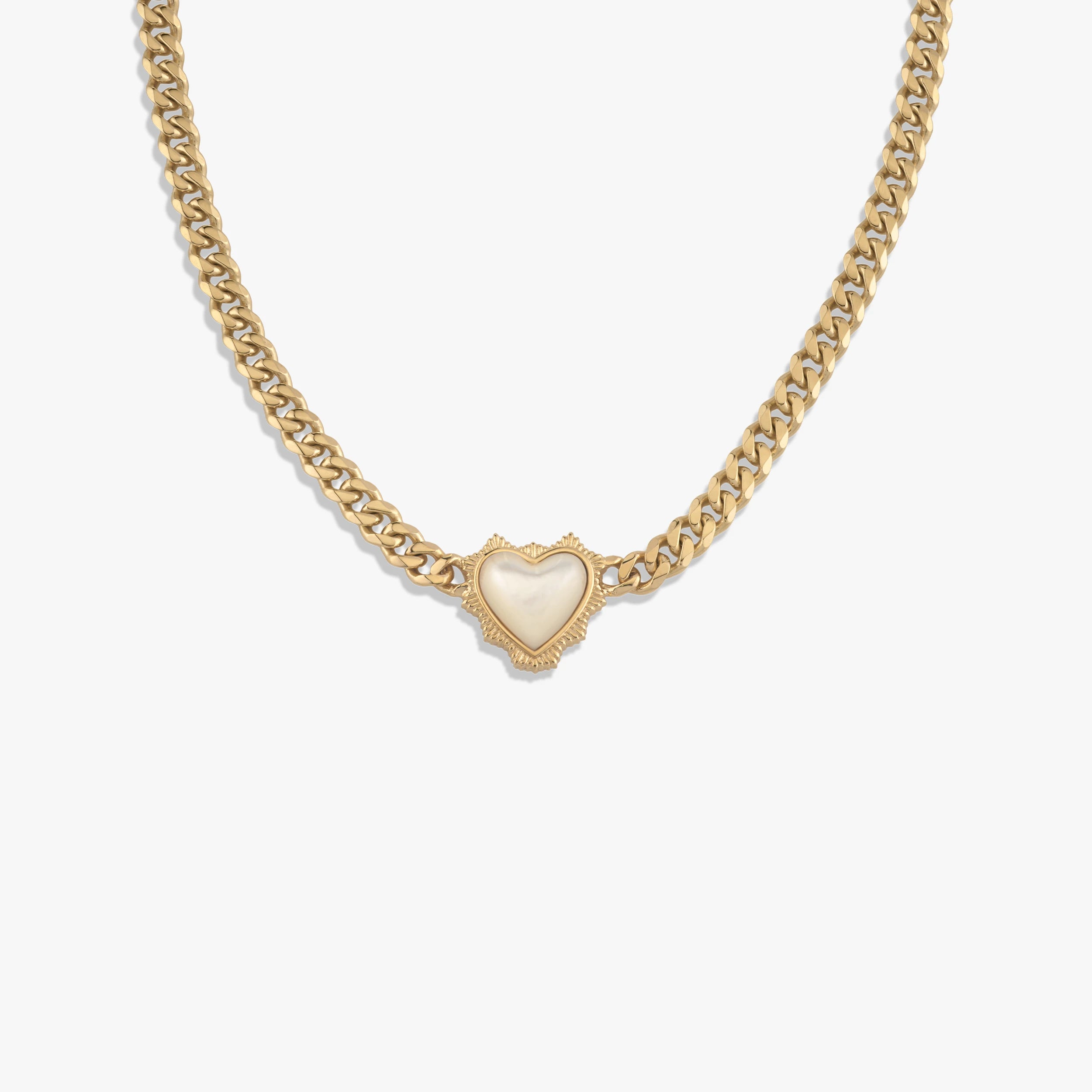 Awe Inspired Necklaces 14K Yellow Gold Vermeil Mother of Pearl Heart Cuban Necklace