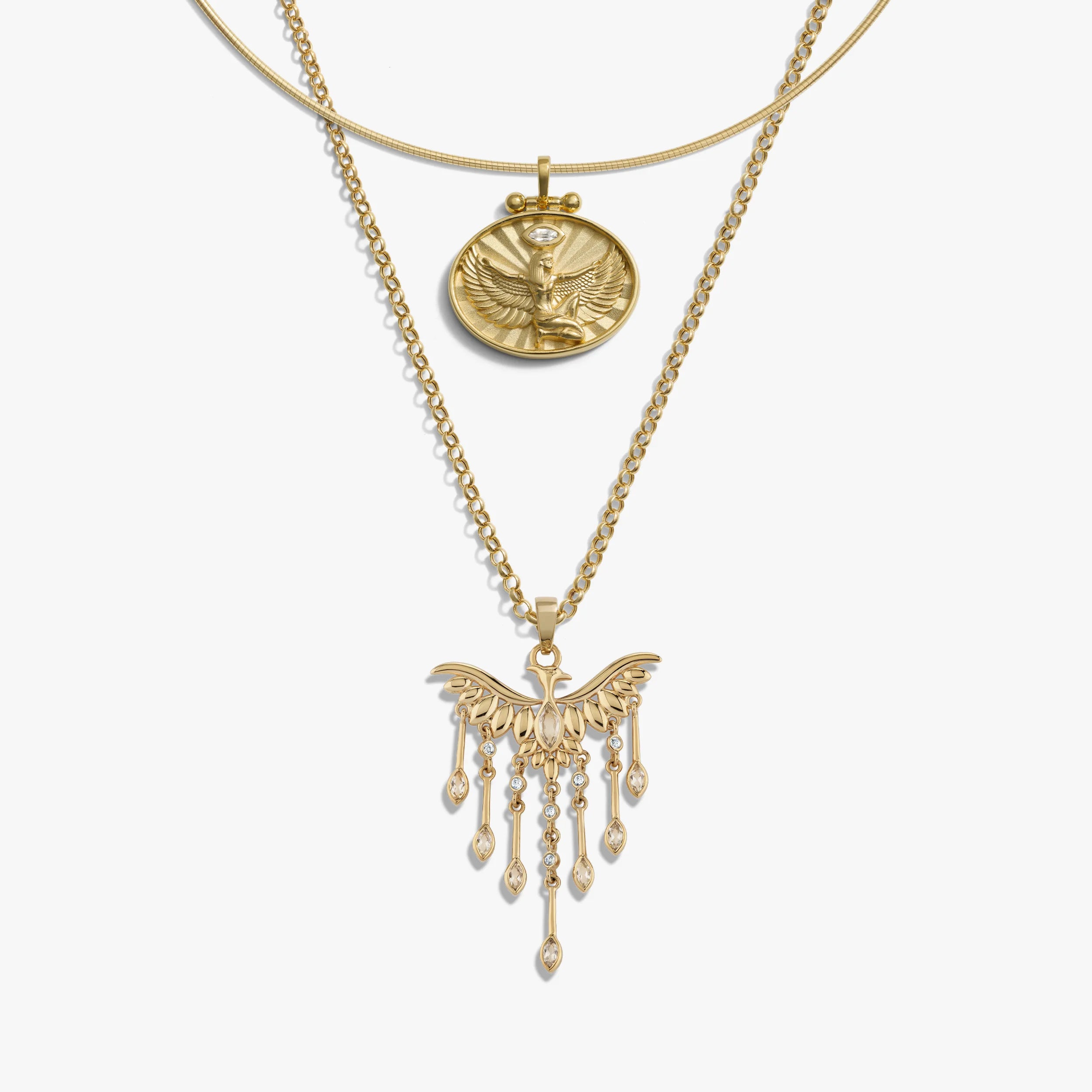 Awe Inspired Necklaces 14K Yellow Gold Vermeil Omega Isis and Phoenix Layered Set