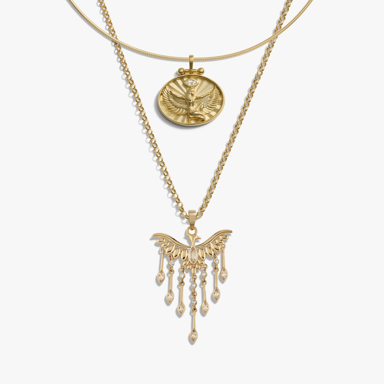 Awe Inspired Necklaces 14K Yellow Gold Vermeil Omega Isis and Phoenix Layered Set