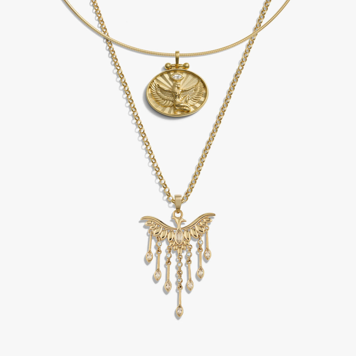 Awe Inspired Necklaces 14K Yellow Gold Vermeil Omega Isis and Phoenix Layered Set
