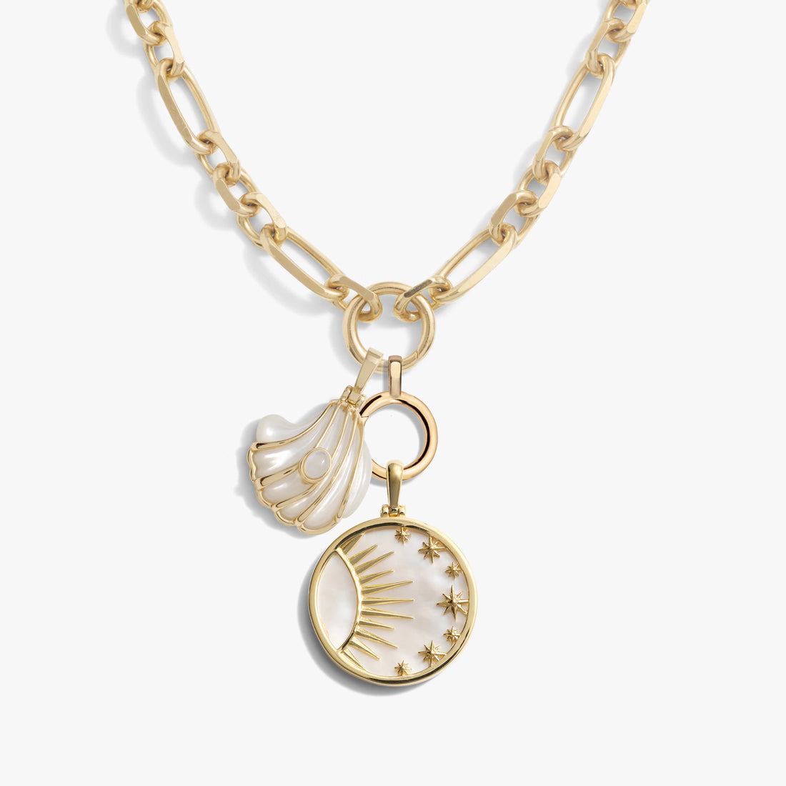 Awe Inspired Necklaces 14K Yellow Gold Vermeil Opal Mother of Pearl Carved Shell Amulet + Celestial Mother of Pearl Amulet