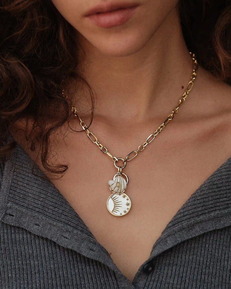 Awe Inspired Necklaces 14K Yellow Gold Vermeil Opal Mother of Pearl Carved Shell Amulet + Celestial Mother of Pearl Amulet