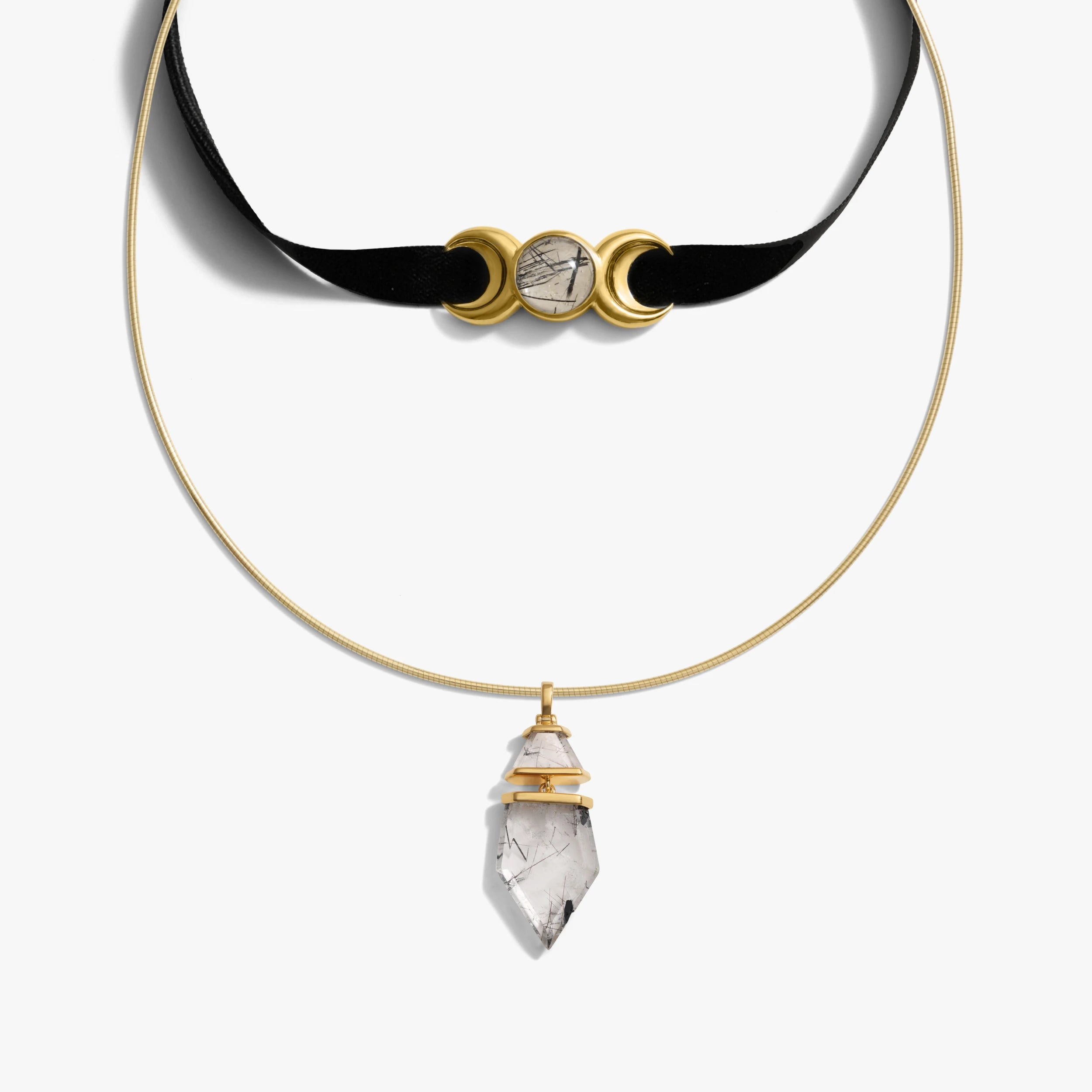 Awe Inspired Necklaces 14K Yellow Gold Vermeil / Rutilated Quartz- Black Dark Femme Necklace Set