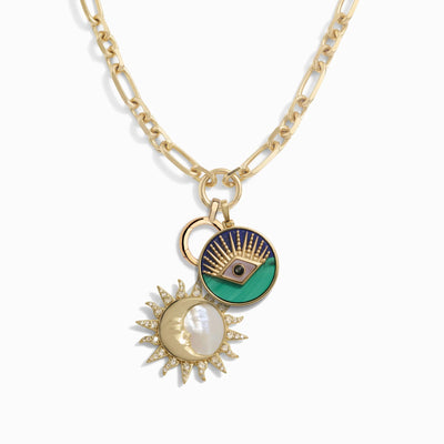 Awe Inspired Necklaces 14K Yellow Gold Vermeil Third Eye Coin and Mother of Pearl Sun and Moon Set