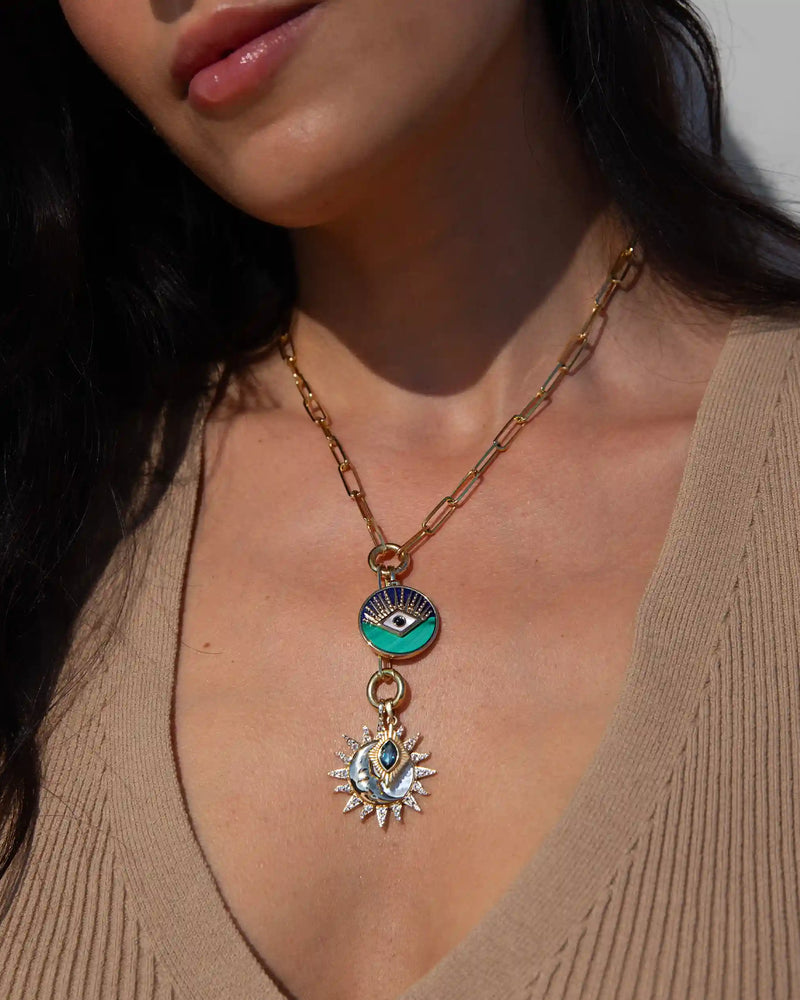 Awe Inspired Necklaces 14K Yellow Gold Vermeil Third Eye Coin and Mother of Pearl Sun and Moon Set
