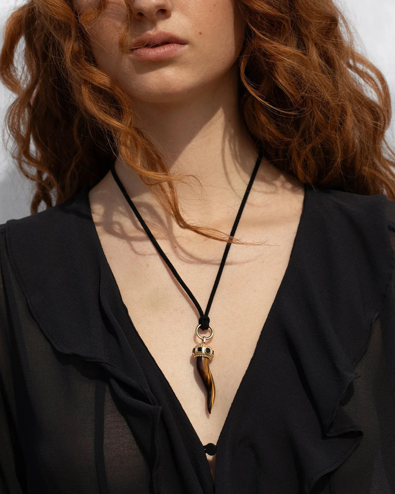 Awe Inspired Necklaces 14K Yellow Gold Vermeil Tiger's Eye Horn Cord Charm Necklace