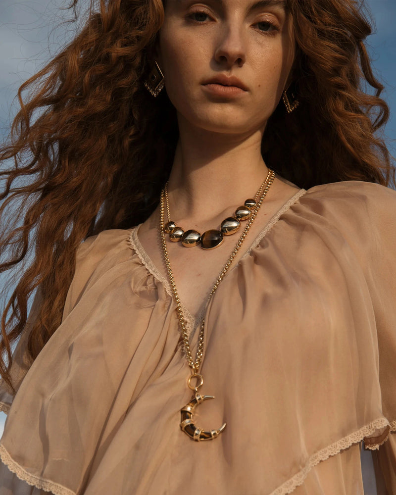 Awe Inspired Necklaces 14K Yellow Gold Vermeil Tiger's Eye Moon Phase Statement Necklace