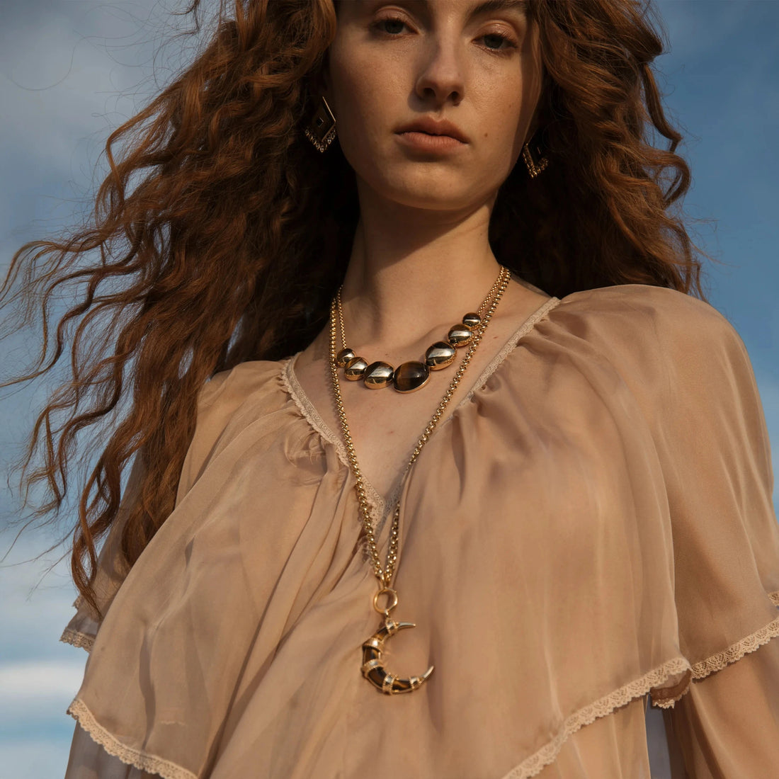 Awe Inspired Necklaces 14K Yellow Gold Vermeil Tiger's Eye Moon Phase Statement Necklace