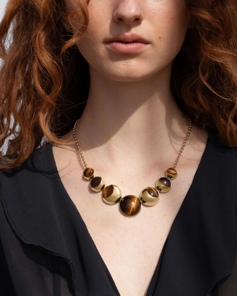 Awe Inspired Necklaces 14K Yellow Gold Vermeil Tiger's Eye Moon Phase Statement Necklace