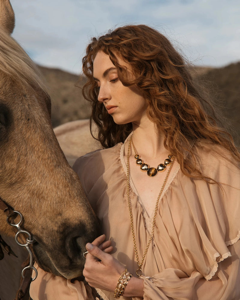 Awe Inspired Necklaces 14K Yellow Gold Vermeil Tiger's Eye Moon Phase Statement Necklace