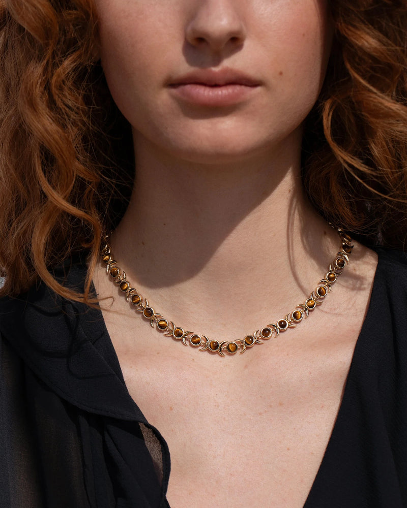 Awe Inspired Necklaces 14K Yellow Gold Vermeil Tiger's Eye Triple Moon Tennis Necklace