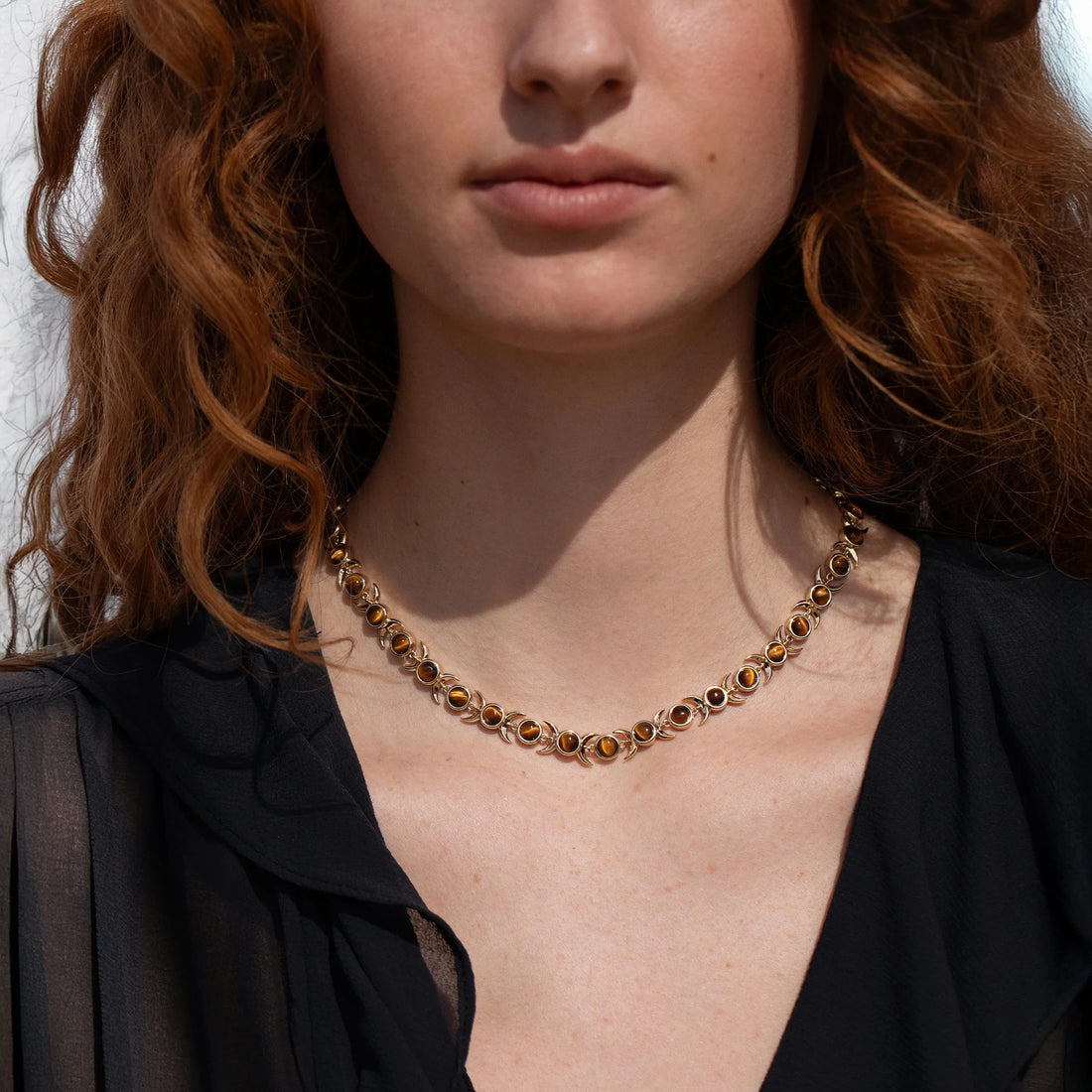 Awe Inspired Necklaces 14K Yellow Gold Vermeil Tiger's Eye Triple Moon Tennis Necklace