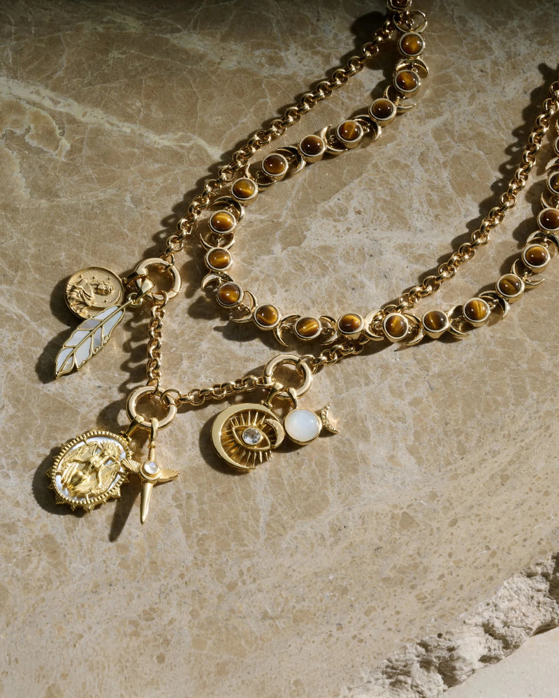 Awe Inspired Necklaces 14K Yellow Gold Vermeil Tiger's Eye Triple Moon Tennis Necklace