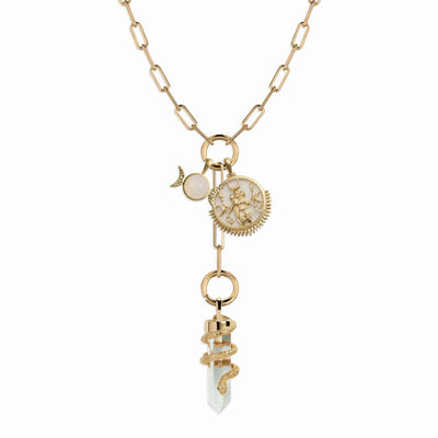 Awe Inspired Necklaces 14K Yellow Gold Vermeil Witch Goddess Charm Collector Lariat Necklace Set